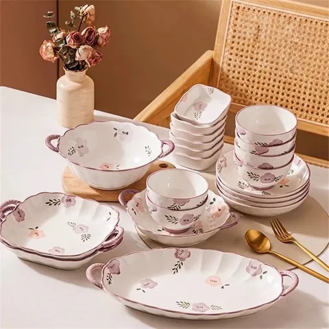 Japanese Ceramic Dinnerware Purple Floral Underglaze Scalloped Edge Microwave Safe Bowl Plate Spoon Collection For Dining