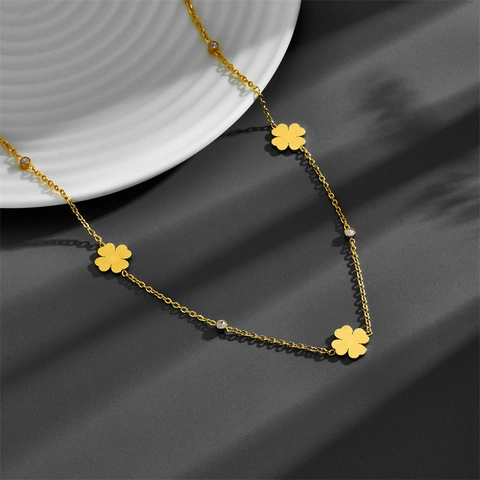 Kleeblatt Blume Anhänger Halskette Edelstahl Vergoldet Strass Elegant Mode Schmuck Für Damen