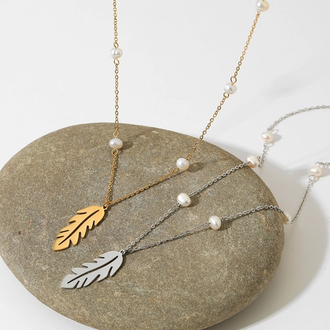 Collana Con Pendente Foglia Piuma Con Künstliche Perle Acciaio Inossidabile Elegante Catena Da Clavicola Gioielli Di Lusso Da Donna