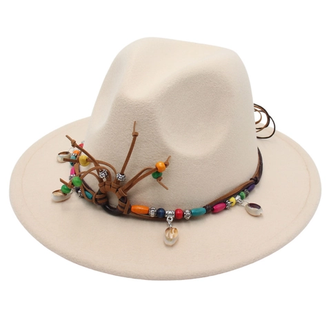 Chapeau Fedora Bohème Feutre Coton Polyester Jazz Avec Bande Ethnique Perles Colorées Coquillages Rétro Élégant Ajustable