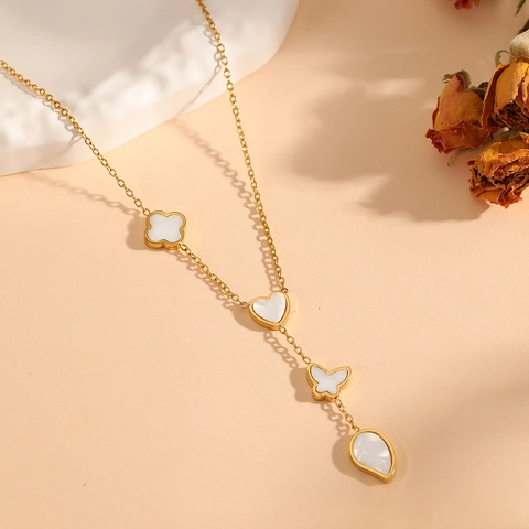 Stainless Steel Y-Necklace With White Shell Clover Heart Butterfly Teardrop Tassel Charms Gold Plated For Women