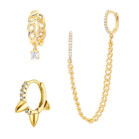Gold Plated Copper Zirconia Tassel Chain Hoop Earrings Set Punk Spike Rivet Geometric Drop Earrings For Women Jewelry