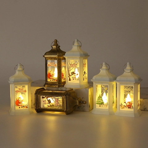 Linterna LED De Navidad Retro Lámpara De Viento Decorativa Colgante Patrón Papá Noel Muñeco De Nieve Luz Cálida Decoración