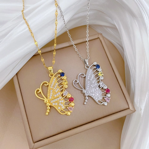 Schmetterling Anhänger Halskette Elegant Edelstahl Kette Kupfer Bunte Zirkonia Schmuck Für Frauen Bankett