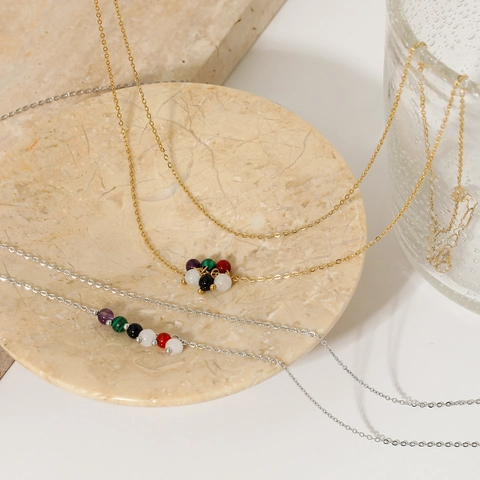 Collana A Doppio Strato In Acciaio Inossidabile Con Perle In Pietra Naturale Colorata Pendente Gioielli Di Moda Minimalista Per Donne