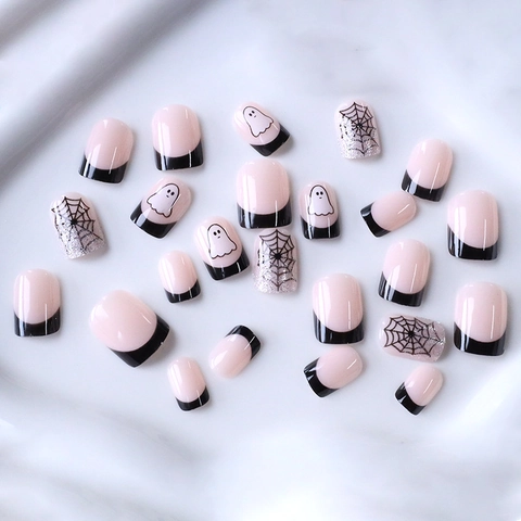 Halloween Press On Nails Short Square ABS French Tip Spider Web Ghost Black Pink Glitter Glossy False Nails For Women