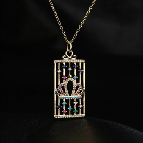 Collana Con Ciondolo In Rame Placcato Oro 18K Zirconia Cubica Colorata Gabbia Rettangolare Cava Gioielli Di Moda Per Donna