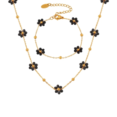 Joyas De Flores Vintage Collar Y Pulsera Acero De Titanio Con Piedras Naturales Cuentas Negras Para Mujer