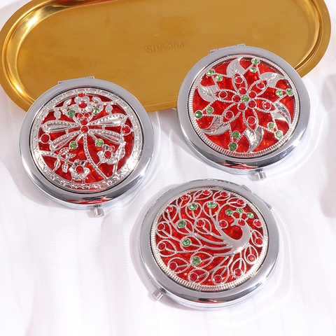 Vintage Metal Hollow Peacock Dragonfly Folding Pocket Makeup Mirror Rhinestone Portable Double Sided Compact Mirror For Women