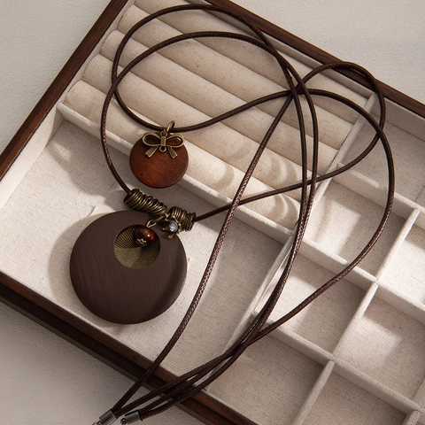 Vintage Bohemian Long Necklace Wood Alloy Round Disc Bowknot Double Layer Sweater Accessories For Women Retro Style