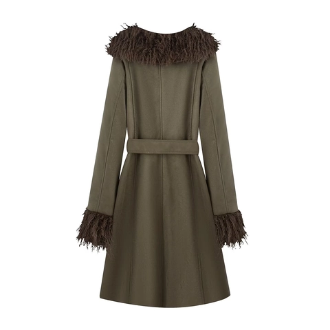 Vintage Olive Green Faux Suede Coat For Women Long Sleeve Double Breasted Slim Trench Coat With Belt Faux Fur Collar Outerwear