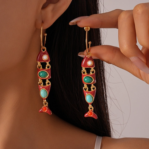 Orecchini Pendenti A Pesce In Smalto Lega Pietra Preziosa Stile Etnico Retro Gioielli Con Perno In Argento Per Donna