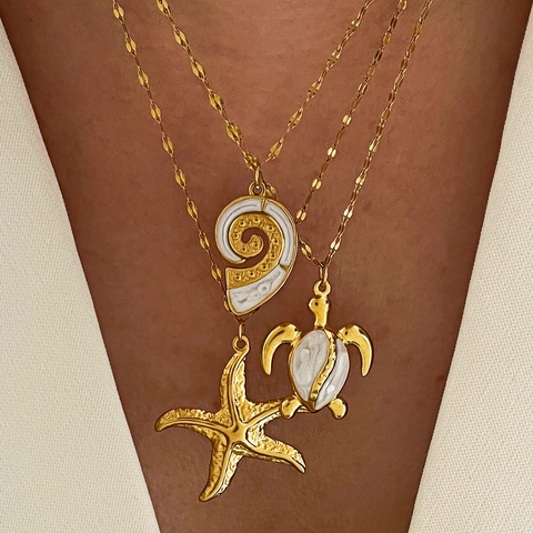Ocean Sea Turtle Starfish Shell Pendant Necklace Stainless Steel Gold Plated Minimalist Beach Vacation Jewelry Women
