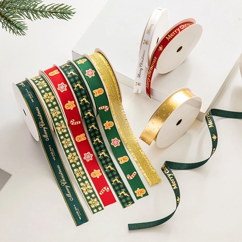 Weihnachtsband Bronzierung Polyester Ripsband Satin Schneeflocke Elch Frohe Weihnachten Druck Geschenkverpackung DIY Dekor