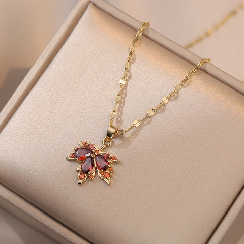 Stainless Steel Maple Leaf Pendant Necklace With Zirconia Elegant Fashion Jewelry For Women Gift Daily Commute