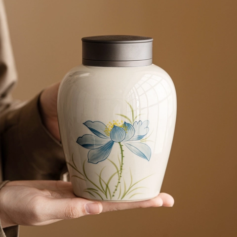 Ceramic Tea Caddy Airtight Storage Jar Porcelain Ash Glaze Aluminum Alloy Lid Hand Painted Blue Lotus Vintage Chinese Style