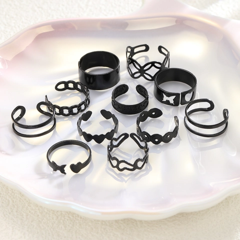 Black Alloy Finger Rings Hollow Out Heart Butterfly Punk Gothic Hip Hop Retro Electroplated For Women And Men