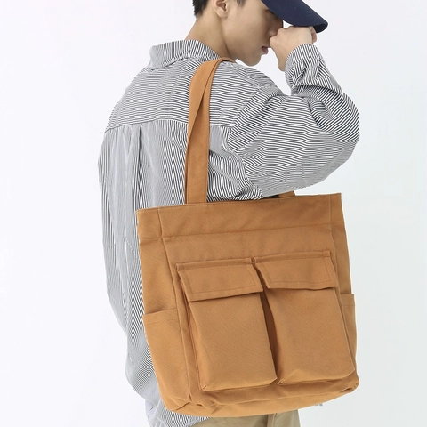 Große Kapazität Leinwand Tote Bag Retro Workwear Stil Multi Taschen Schulter Handtasche Vintage Lässig Reise Unisex