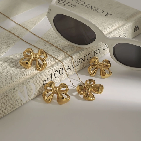 Bowknot Necklace Earrings And Ring Stainless Steel Gold Plated Elegant Jewelry For Women Waterproof Hypoallergenic