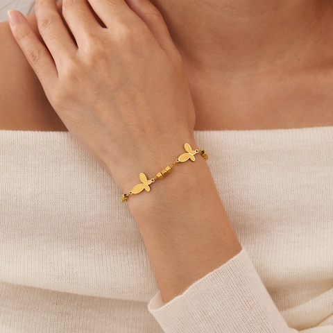 French Luxury Minimalist Stainless Steel Butterfly Charm Bracelet For Women Gold Plated Geometric Bead Adjustable Link Chain Jewelry