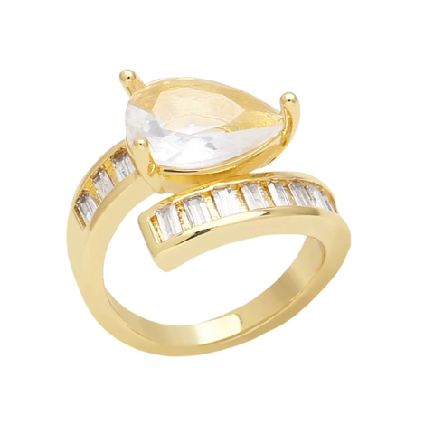 Pear Cut Cubic Zirconia Adjustable Ring Baguette Side Stones Gold Plated Brass Bypass Design Jewelry For Women