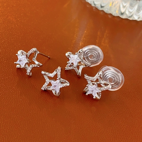 Ster Zirkoon Koperen Knopoorbellen Met Zilveren Oorsteker Sierlijke Zoete Kleine Mode Sieraden Voor Dames
