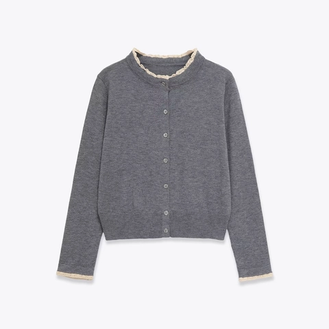 Dames Gebreid Vest Kant Trim Ronde Hals Lange Mouwen Knoop Sluiting Frans Retro Elegant Grijs