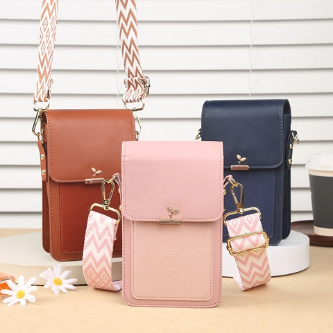 Women Crossbody Phone Bag PU Leather Small Square Purse With Wide Geometric Strap Metal Leaf Decor Fashion Shoulder Bag