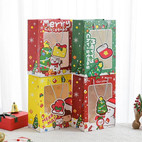 Sacs Cadeaux De Noël En Papier Avec Fenêtre Transparente Motifs De Bonhomme De Neige Arbre Élan Poignée Étiquettes Décoratives