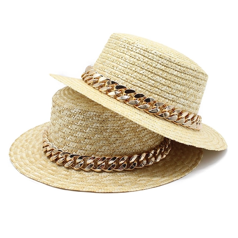Boater Hat Natural Wheat Straw Wide Brim With Gold Metal Chain Sun Protection Summer Beach Vacation For Women Elegant