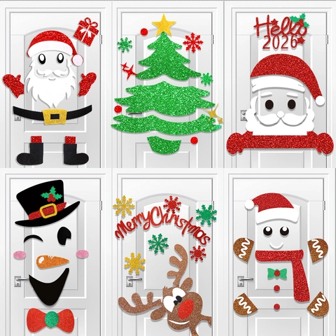 Adesivi Murali per Porte Fai da Te in Carta Luccicante Natalizia con Renne Babbo Natale Pupazzo di Neve Gingerbread Man