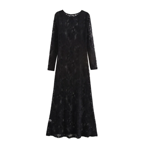 Women Sexy French Lace Maxi Dress Long Sleeve Round Neck Slim Fit Elegant Hollow Out Party Black