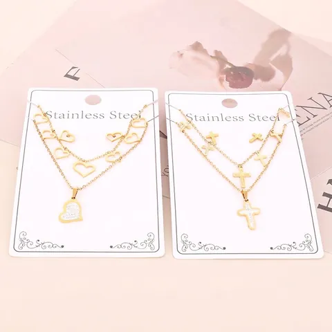 Stainless Steel Jewelry Set For Women Gold Plated Double Layer Necklace And Earrings Cross Heart Evil Eye Butterfly Design