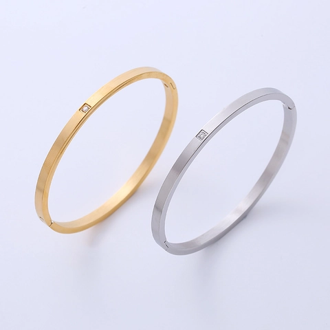 Bracciale Rigido Minimalista In Acciaio Inossidabile 316L Metallo Spazzolato Intarsio In Zircone Quadrato Gioielli Per Donna