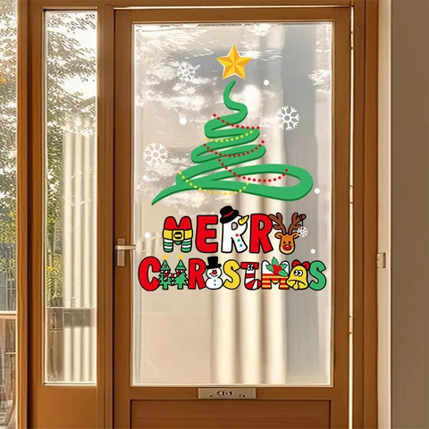 Christmas Window Static Cling Sticker PVC Reindeer Snowman Tree Glass Door Decoration Double Sided Color