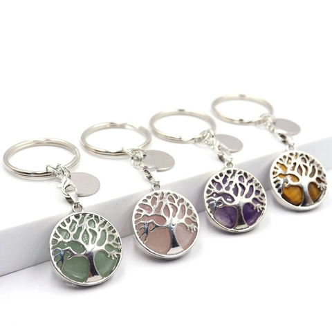 Levensboom Sleutelhanger Natuursteen Hanger Holle Legering Sleutelring Met Rond Label Cadeau