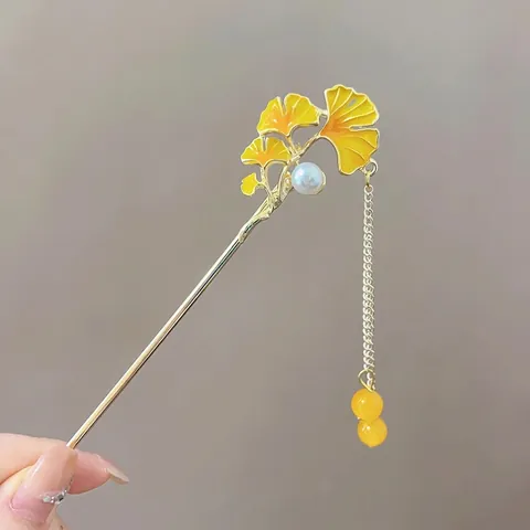 Horquilla Para El Pelo Estilo Chino Hoja De Ginkgo Con Borla Larga Perla Artificial Imitación Aleación Accesorio Hanfu Vintage