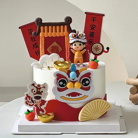 Decorazioni Torta Danza Del Leone Stile Cinese Festa Compleanno Bambini Statuine Resina Insegne Acrilico Tema Guochao