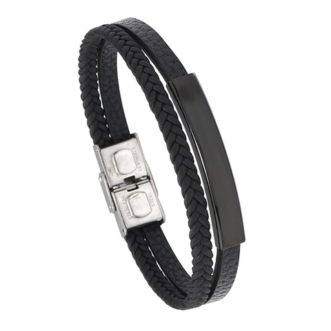 Men Double Layer Bracelet Braided PU Leather Stainless Steel Metal Plate Fold Over Clasp Vintage Fashion Jewelry