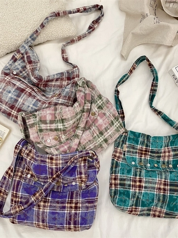 Vintage Plaid Canvas Shoulder Bag Large Capacity Crossbody Hobo Bag With Decorative Buttons Casual Commuter For Women