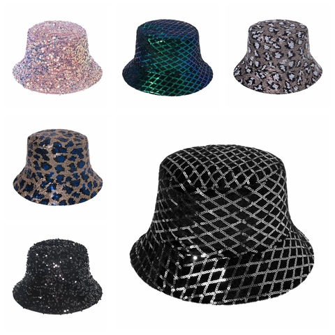 Sequin Bucket Hat Glänzend Leopard Fischschuppe Muster Glitzer Party Bühne Streetwear Accessoire Für Damen