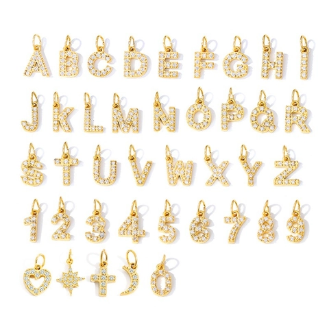 Stainless Steel Letter Number Pendant With Zircon Pave For DIY Jewelry Making Gold Plated Charms Heart Star Moon Cross