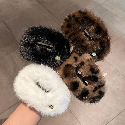 Handmade Plush Faux Fur Duckbill Hair Clip Retro Leopard Print Acrylic Hairpin Autumn Winter Accessory For Women