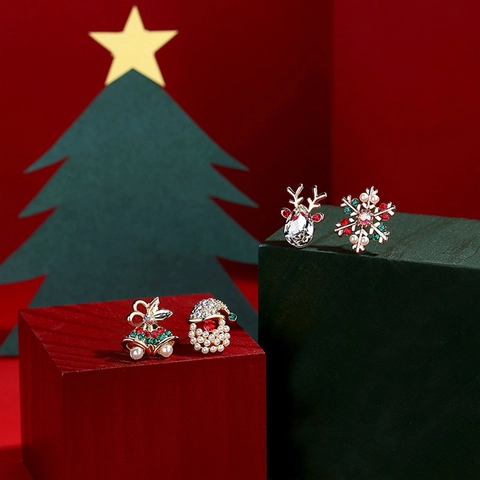 Orecchini Natale Lega Smalto Strass 925 Sterling Silver Earring Post Asimmetrici Renna Fiocco Di Neve Gioielli