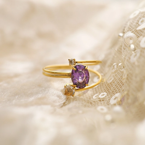 Purple Zircon Stainless Steel Ring For Women 18K Gold Plated Adjustable Double Layer Spiral Bypass Finger Jewelry