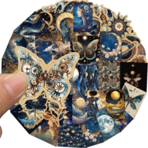 Adesivi Impermeabili In PVC Universo Galassia Steampunk Vintage Oro Blu Per Diario Fai Da Te Scrapbooking Decorazione Cover Cellulare