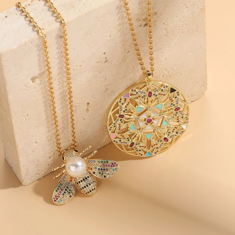 Collana Con Pendente A Insetto Rame Placcato Oro 14K Con Zircone Perla Artificial Libellula Ape Catena In Acciaio Inossidabile Per Donna
