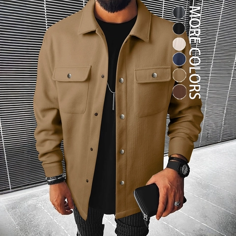 Men Wool Like Shacket Jacket Collared Button Down Long Sleeve Casual Workwear Double Pockets Streetwear Solid Plain