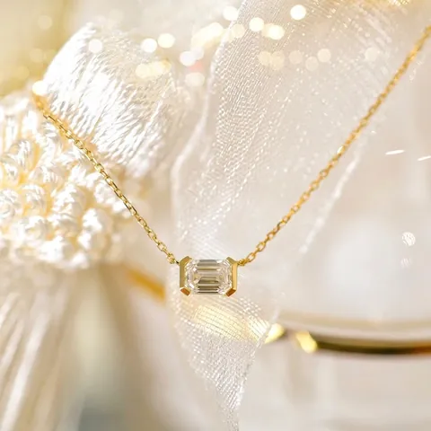 Emerald Cut Zircon Pendant Necklace 925 Sterling Silver 14K Gold Plated Minimalist Clavicle Chain For Women
