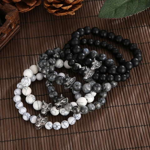 Men Beaded Bracelet Natural Stone Agate Tiger Eye Labradorite With Alloy Wolf Head Retro Punk Elastic Jewelry For Men